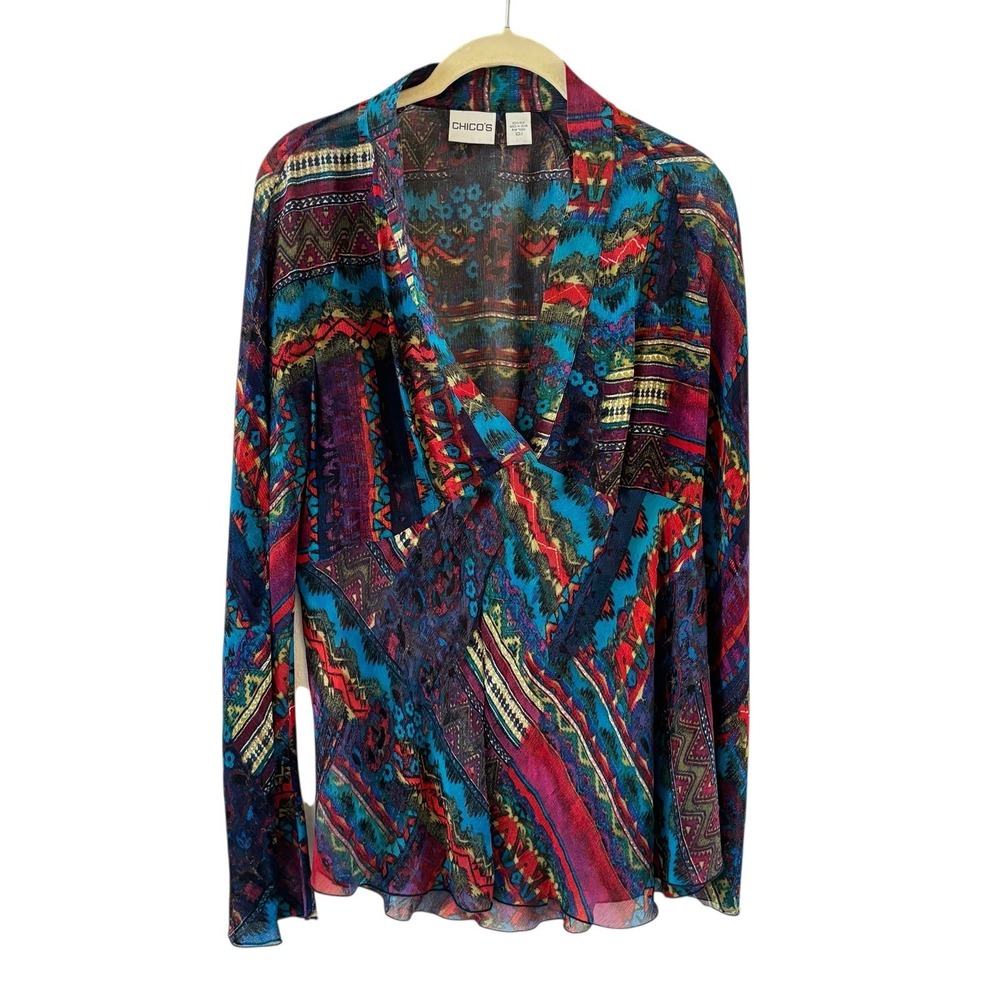 Chicos 100% Silk Patchwork Top Blouse Womens 1/M Colorful Sheer Boho Art to Wear